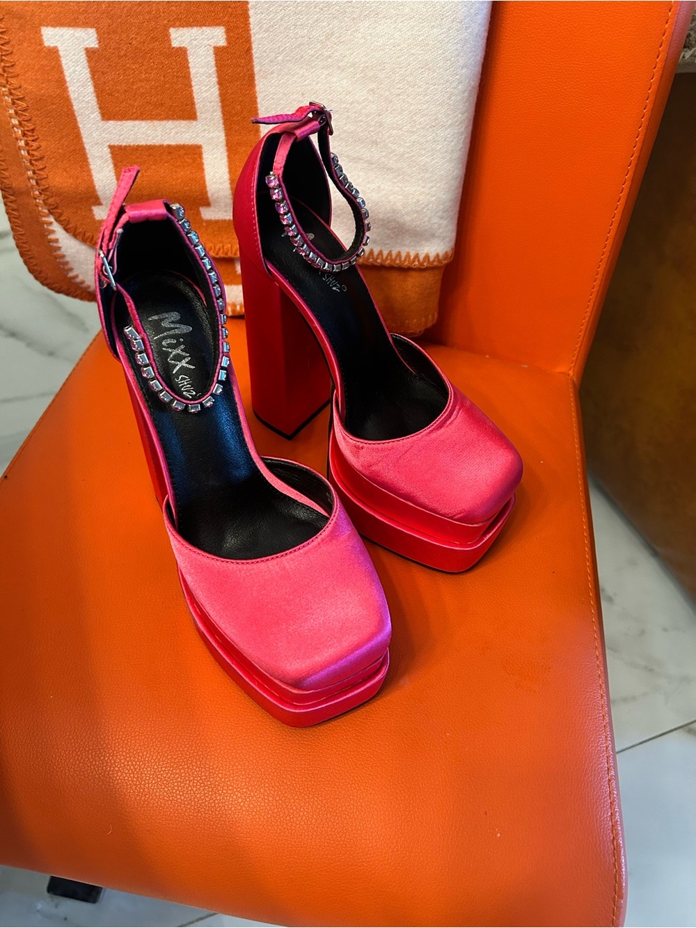 Mixx Shuz Hot Pink Platform Block Heels with Crystal Ankle Strap